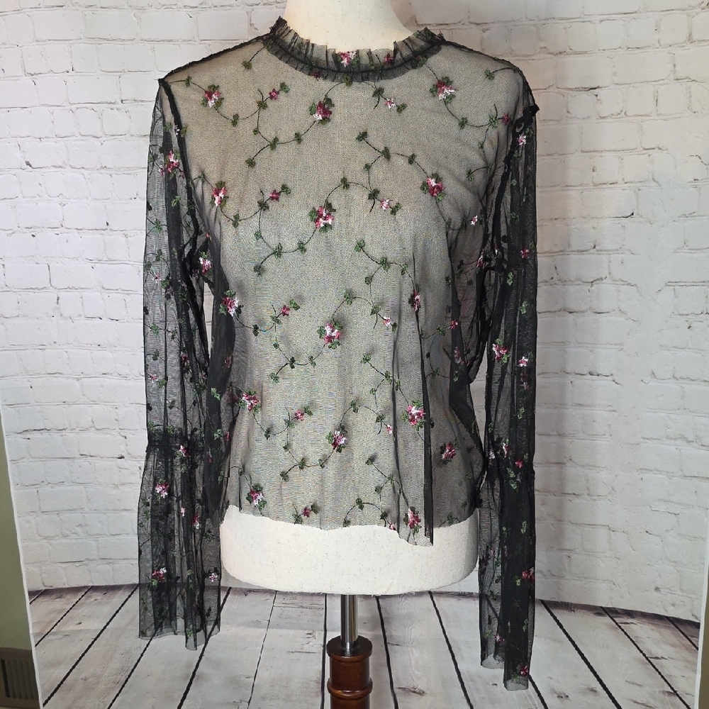 Black Sheer Floral Embroidered Mesh Top‎ Keyhole Back Size Large